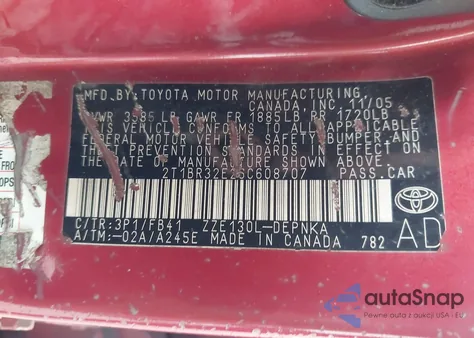 2006 Toyota Corolla Le from USA, damaged, VIN 2T1BR32E26C608707